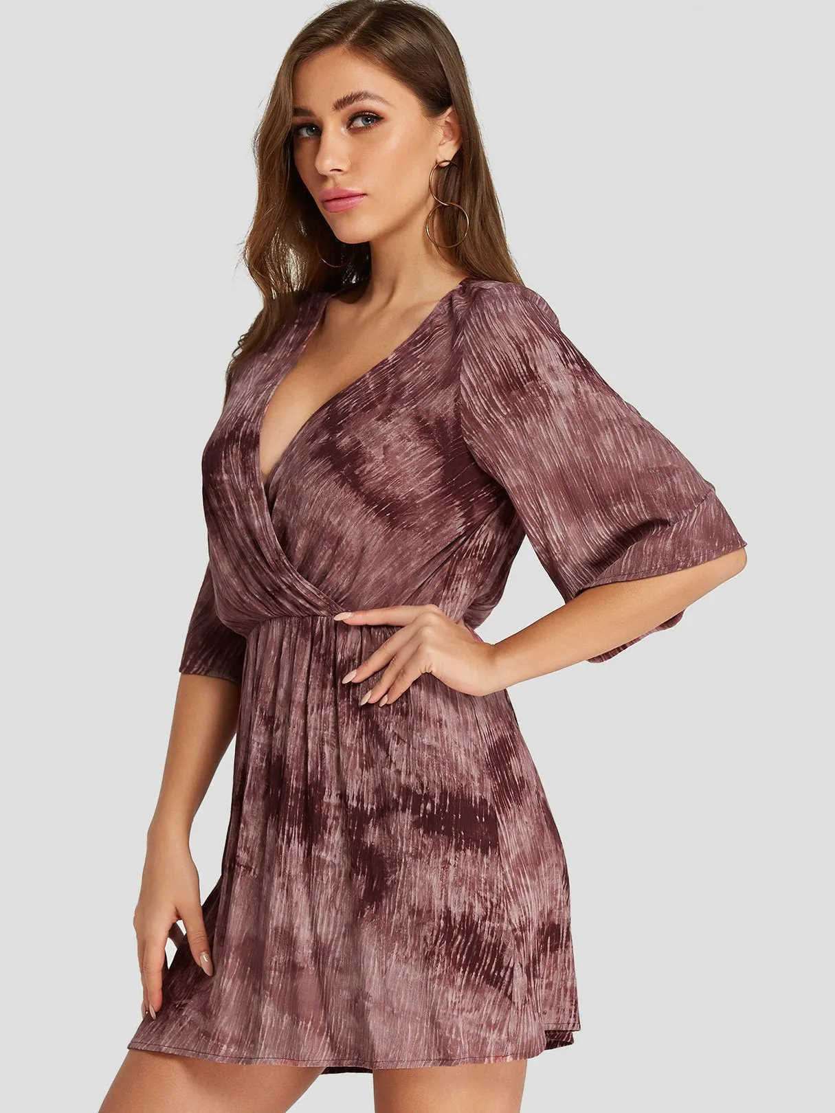 Wholesale Rust V-Neck Half Sleeve Plain Crossed Front Wrap Dresses
