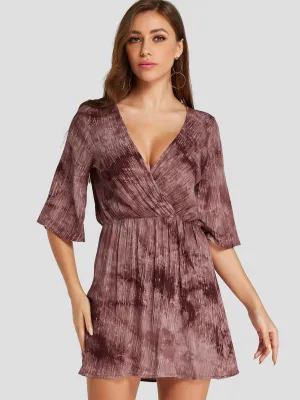 Wholesale Rust V-Neck Half Sleeve Plain Crossed Front Wrap Dresses