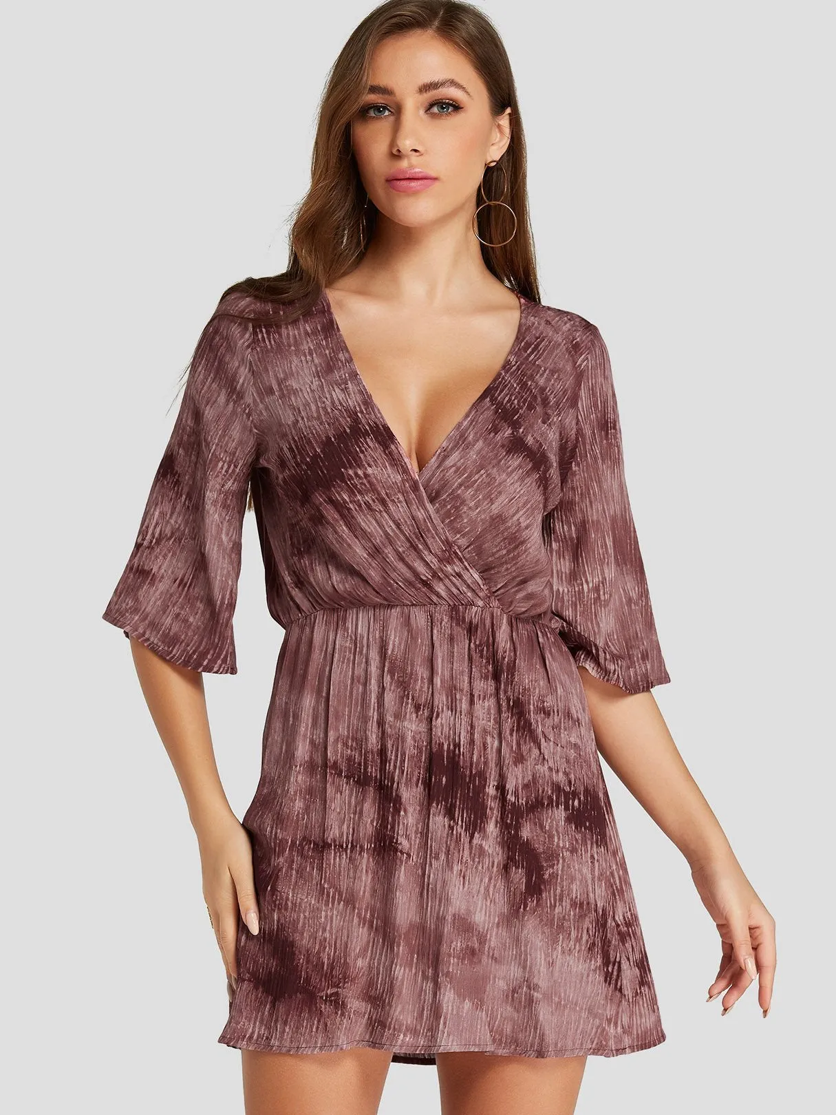 Wholesale Rust V-Neck Half Sleeve Plain Crossed Front Wrap Dresses