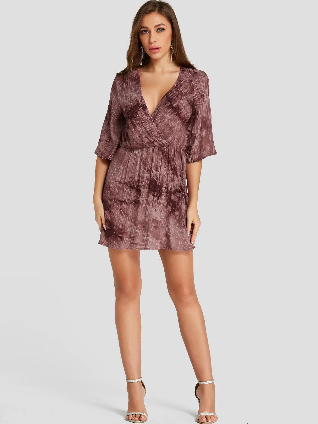 Wholesale Rust V-Neck Half Sleeve Plain Crossed Front Wrap Dresses