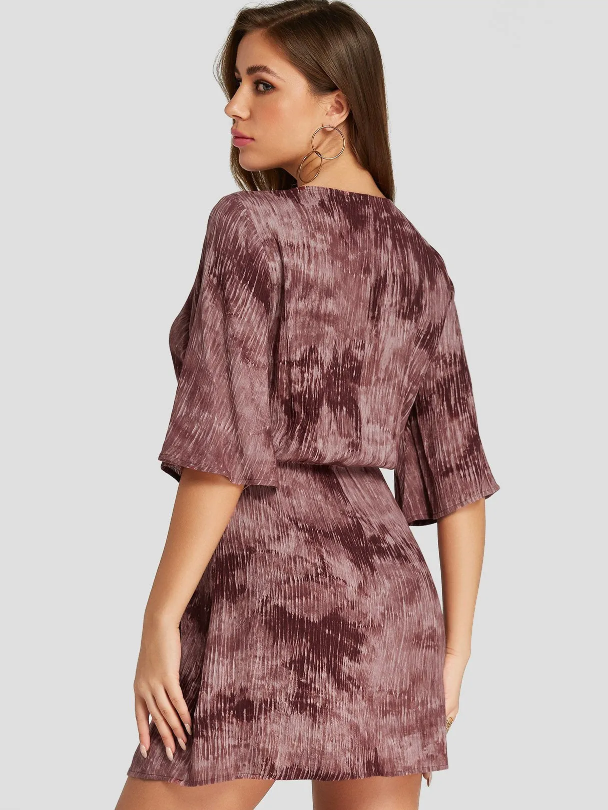 Wholesale Rust V-Neck Half Sleeve Plain Crossed Front Wrap Dresses