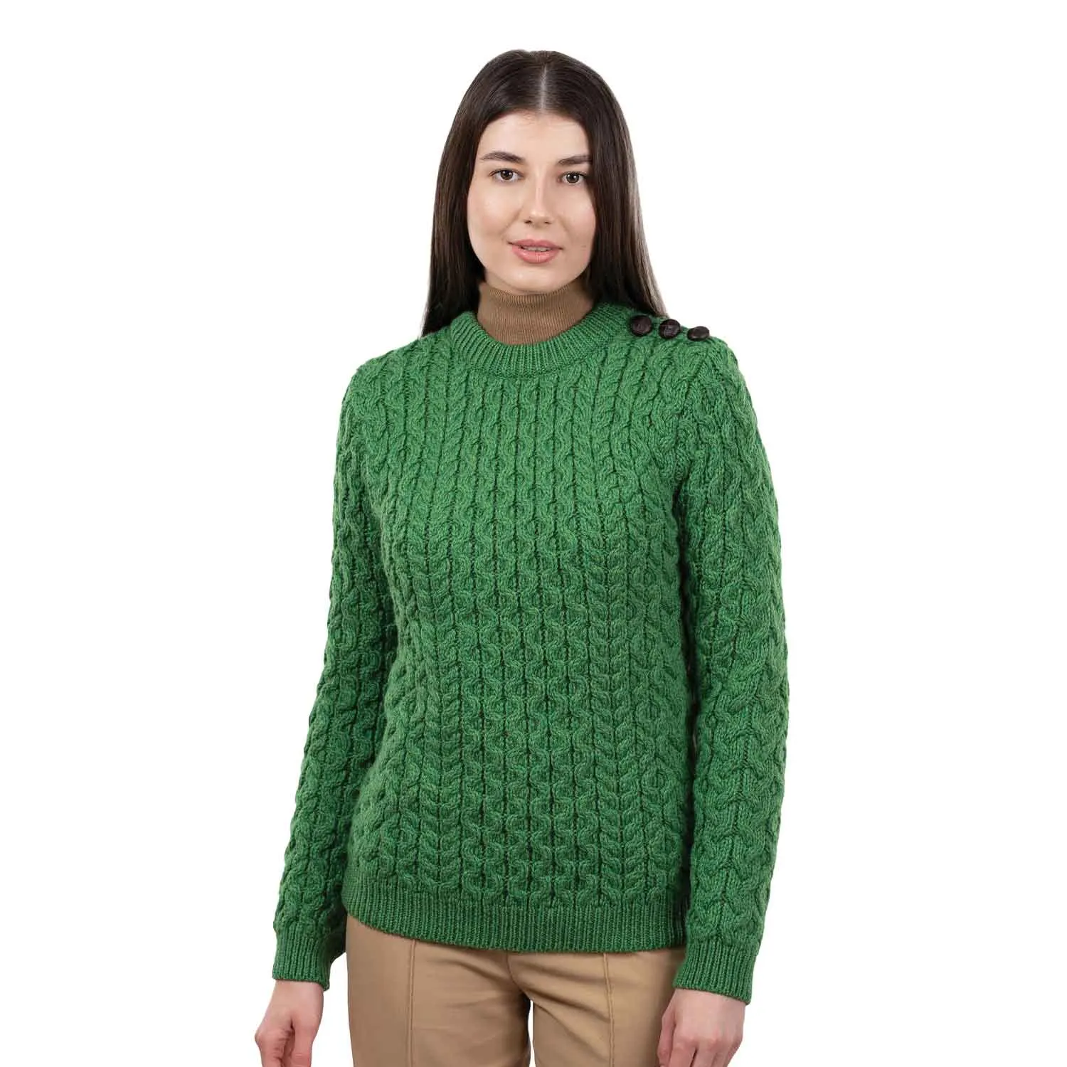Women's Aran Knit Side Button Sweater, Green