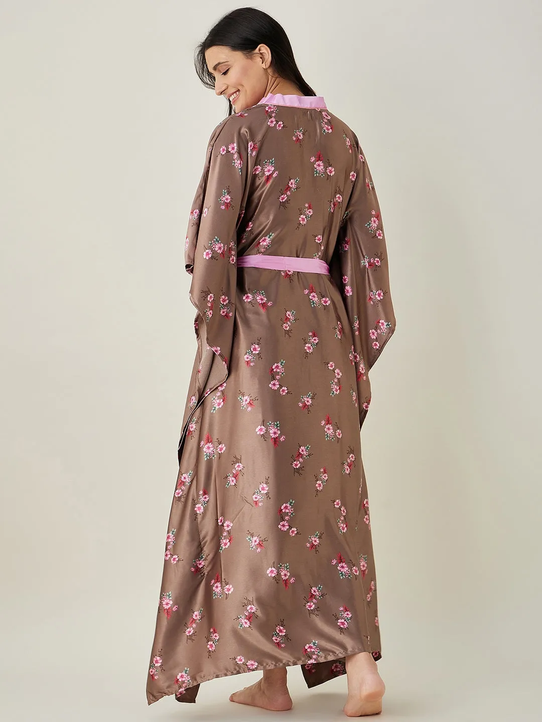 Women's Brown Floral Printed Loungewear Kaftan - The Kaftan Company