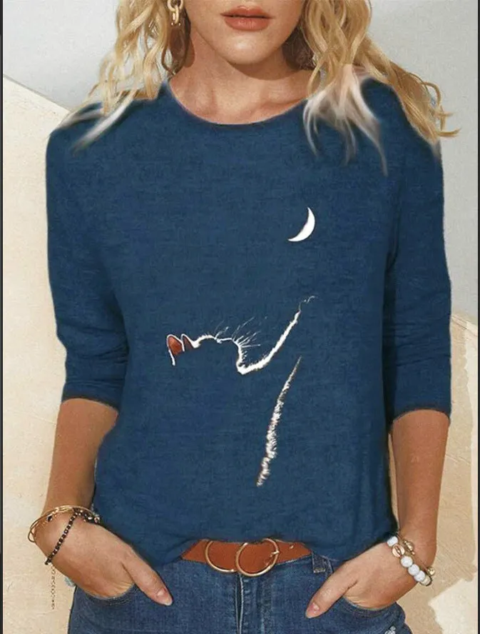 Women's Knitted Leisure Long-sleeved Animal Print Round Neck Casual T-shirt