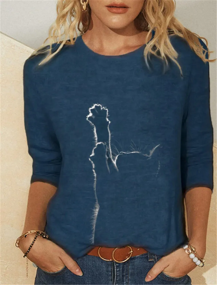 Women's Knitted Leisure Long-sleeved Animal Print Round Neck Casual T-shirt