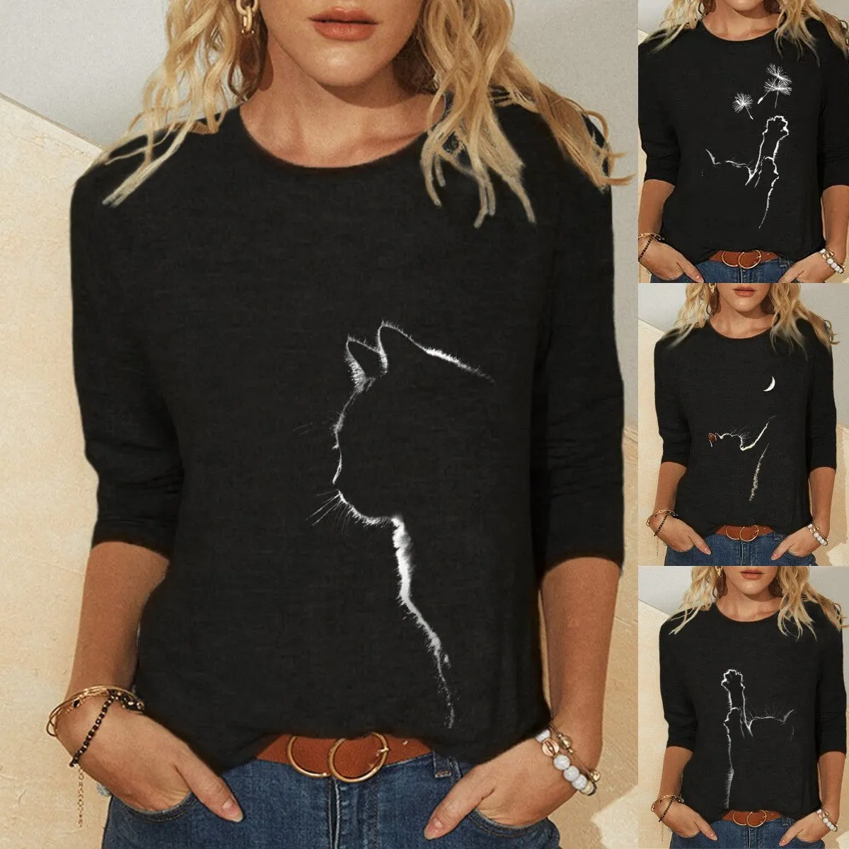 Women's Knitted Leisure Long-sleeved Animal Print Round Neck Casual T-shirt