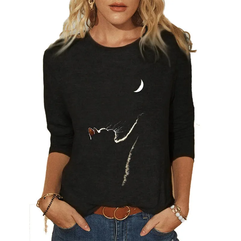 Women's Knitted Leisure Long-sleeved Animal Print Round Neck Casual T-shirt